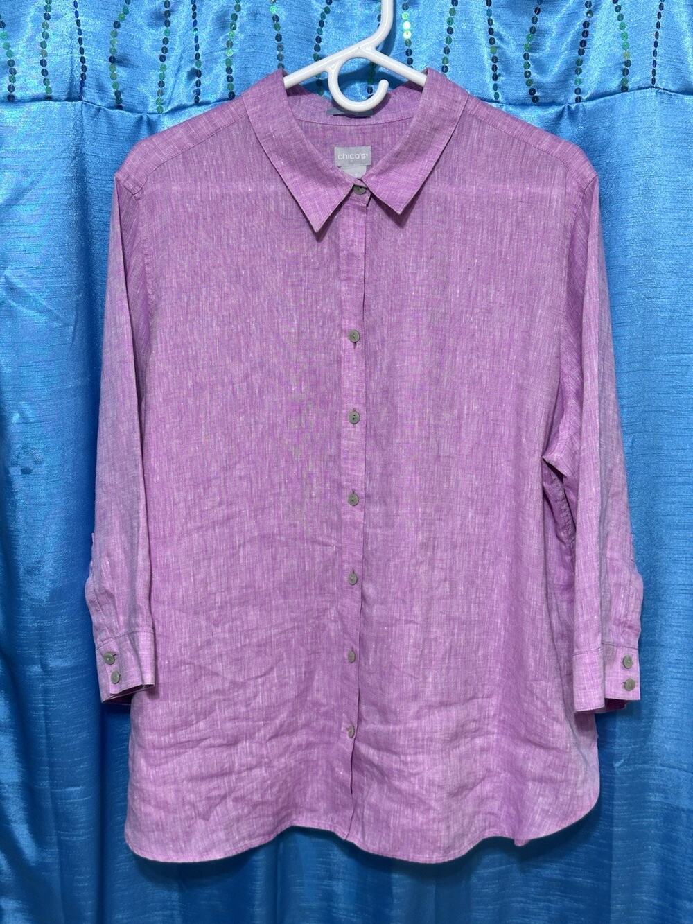 Chico's 100% Linen Top Shirt Sz 18 Orchid Pink No-Iron 3/4 Sleeve Lagen Coastal